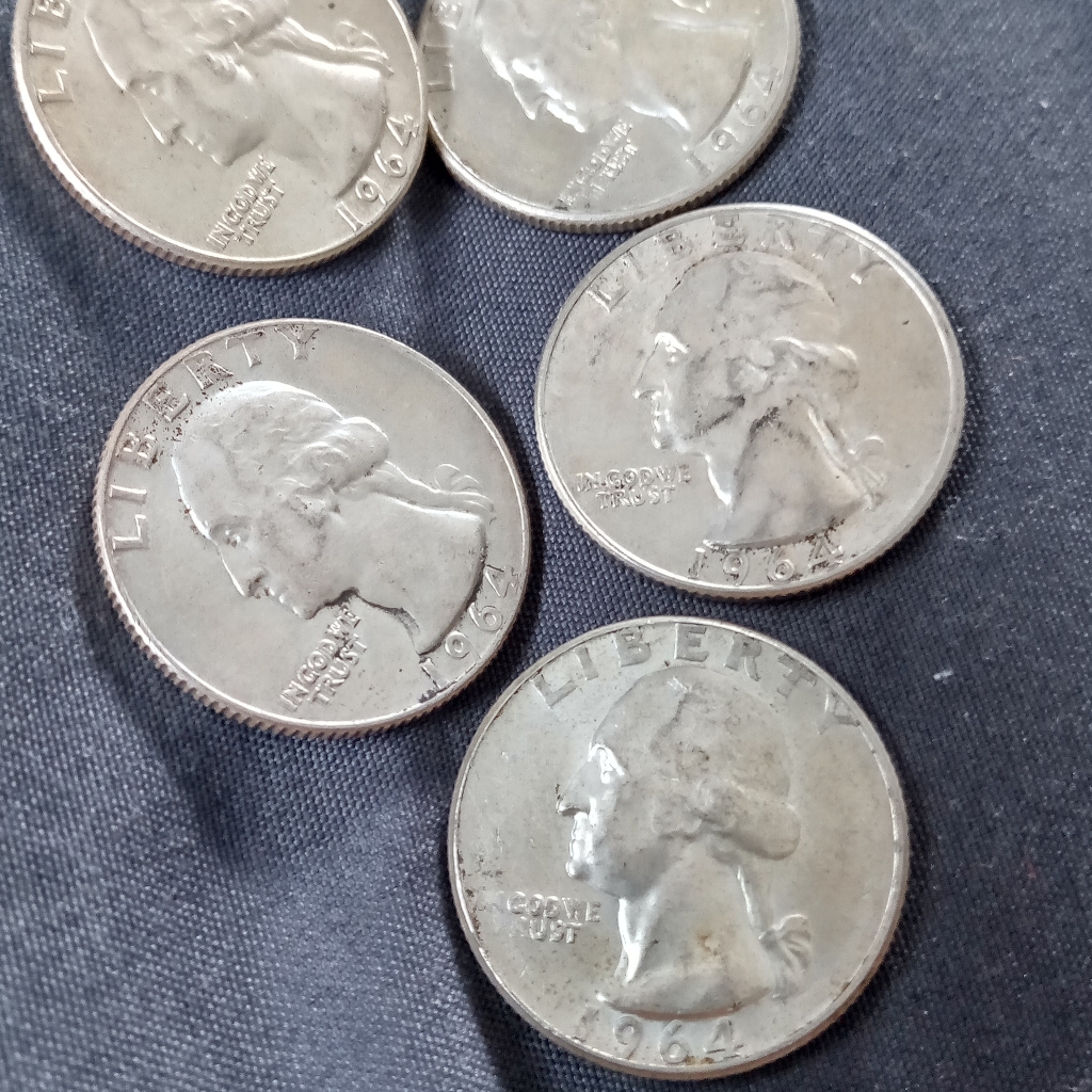 1964 Silver Quarters 5 Coins